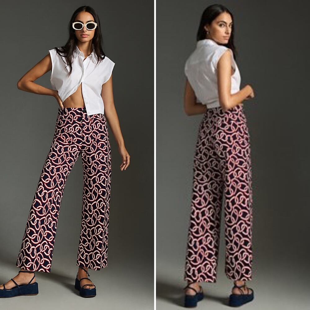 {Anthropologie} Maeve The Colette Cropped Wide-Leg Ponte Pants Red Navy Size 30